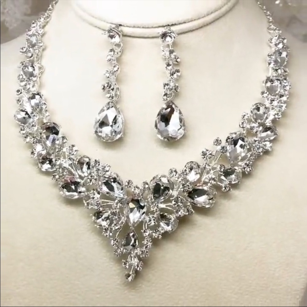 Glam Bride Wedding Necklace & Earring Jewelry Set Silver Fashion - Picture 2 of 4